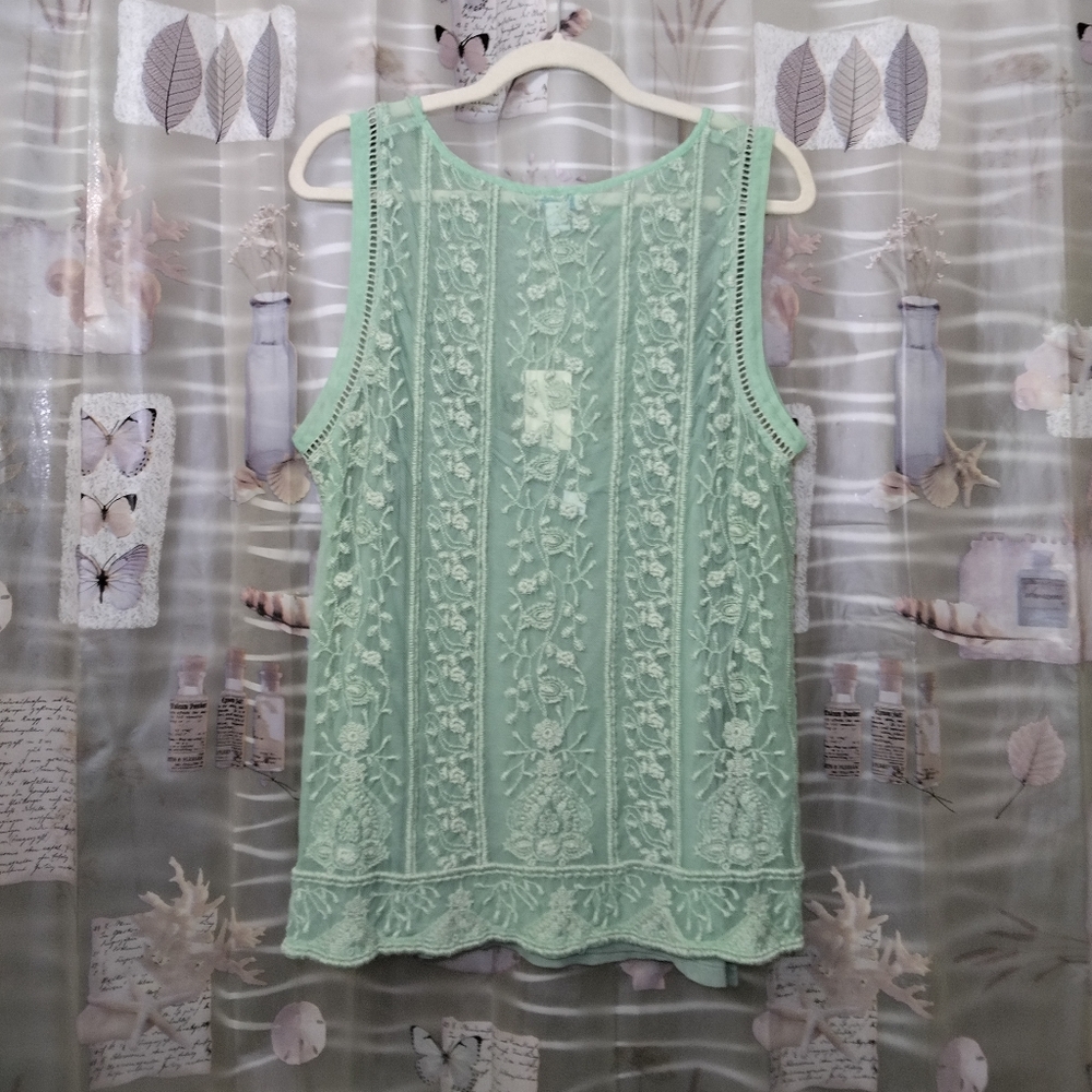 NWTSundance Embroidered Floral Sheer Mint Green Lace Boho Sleeveless Top Lined L - Picture 6 of 15